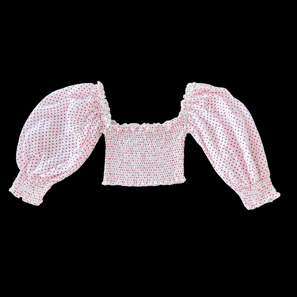 Olivaceous Pink Polka Dot Crop Top M Smocked Puff Sleeve Milkmaid Coquette